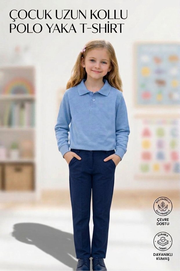 Unisex Girls Boys Polo Collar Cotton Long Sleeve Baby Blue Daily Basic School T-Shirt