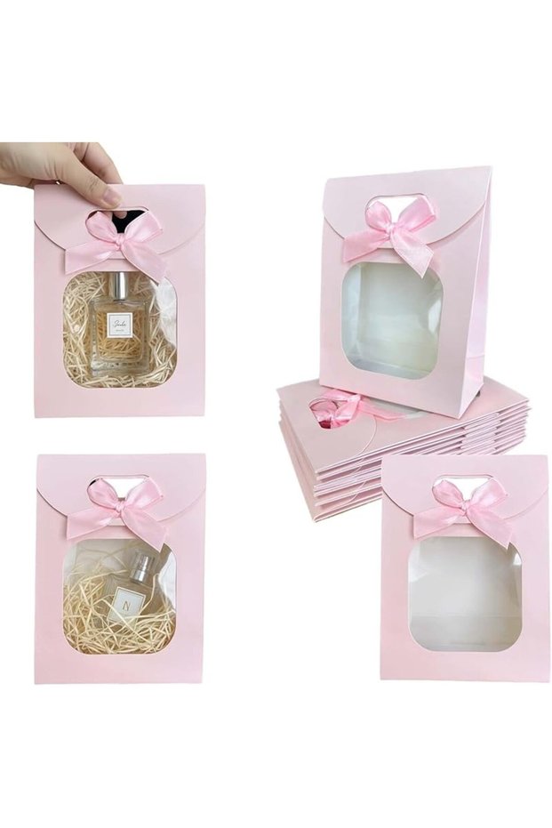 12x6x16cm pink 10pcs 10pcs Mini Pink Kraft Paper Bags with Clear Window,Gift Bags with Handles for C