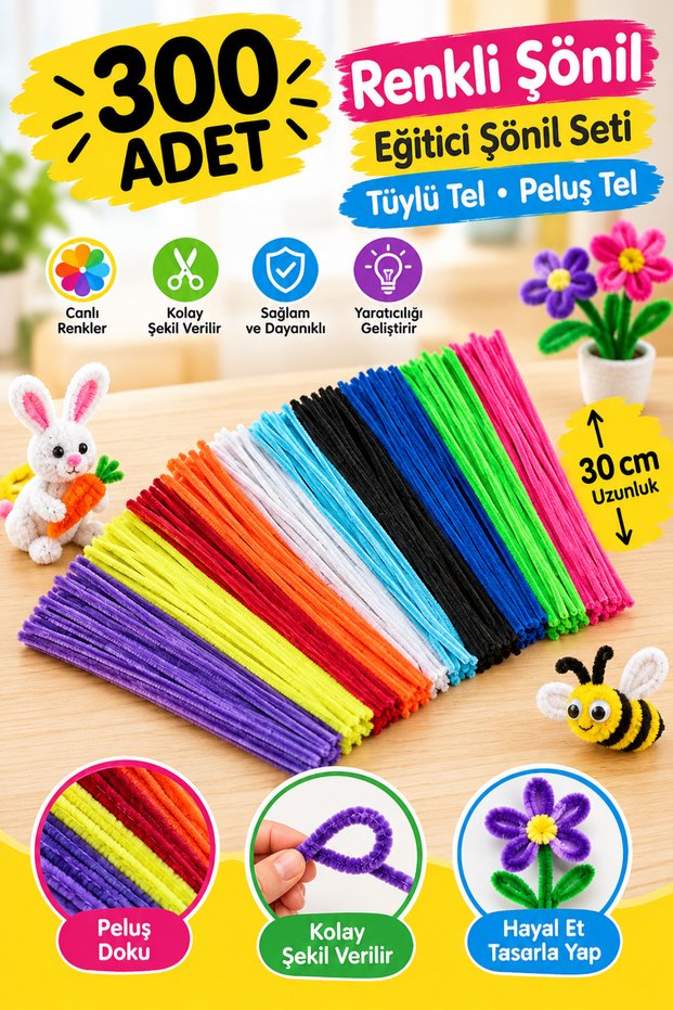 300 Pieces - Colorful Chenille, Educational Chenille Set, Feather Wire, 30 Cm, Plush Wire