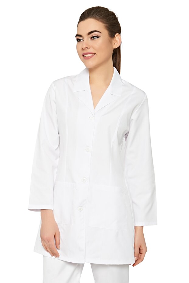 Women's White Front Buttoned Doctor Nurse Work Coat with Pockets Classic Collar Comfortable Fit