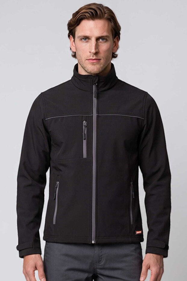 Unisex Black Full Zip Fleece Softshell Jacket Regular Pockets Polo Collar Wind Resistant