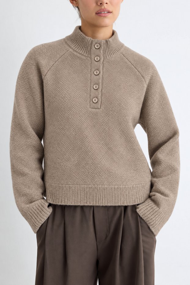 High Collar Button Detailed Raglan Sleeve Textured Knitwear Sweater Aw26Kz00057