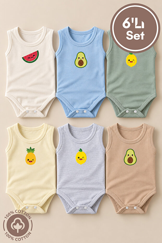 Unisex 100% Organic Cotton Cute Fruit Printed 3-6-9-12 Months 6-Piece Sleeveless Baby Bodysuit