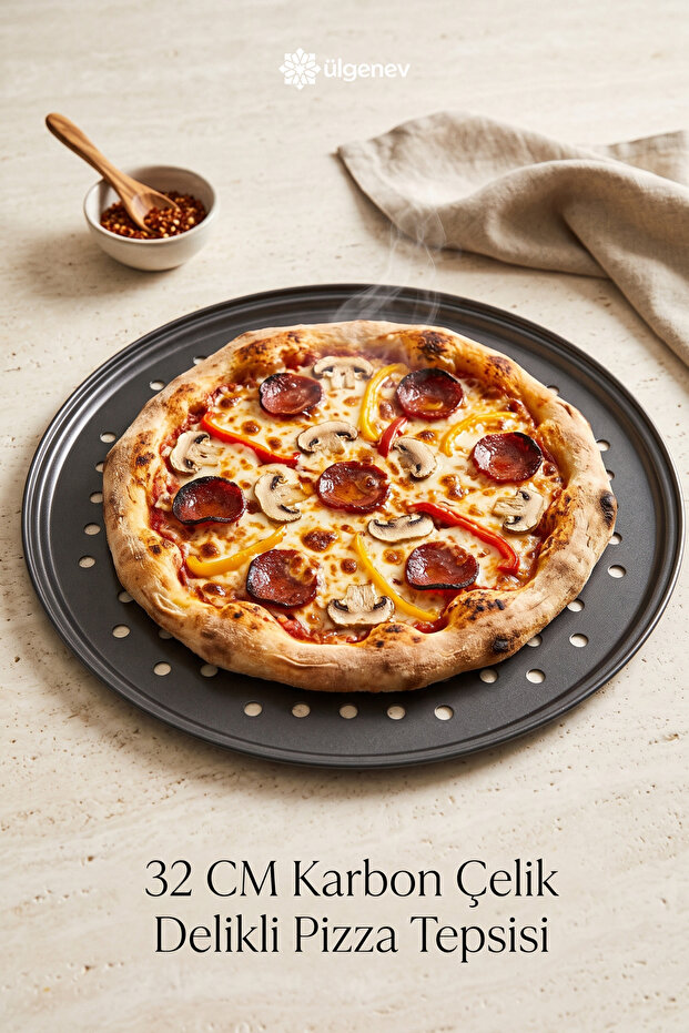 Stainless Carbon Steel, Perforated, Fireproof Non-Stick 32 cm Large Size Pizza and Lahmacun Tray