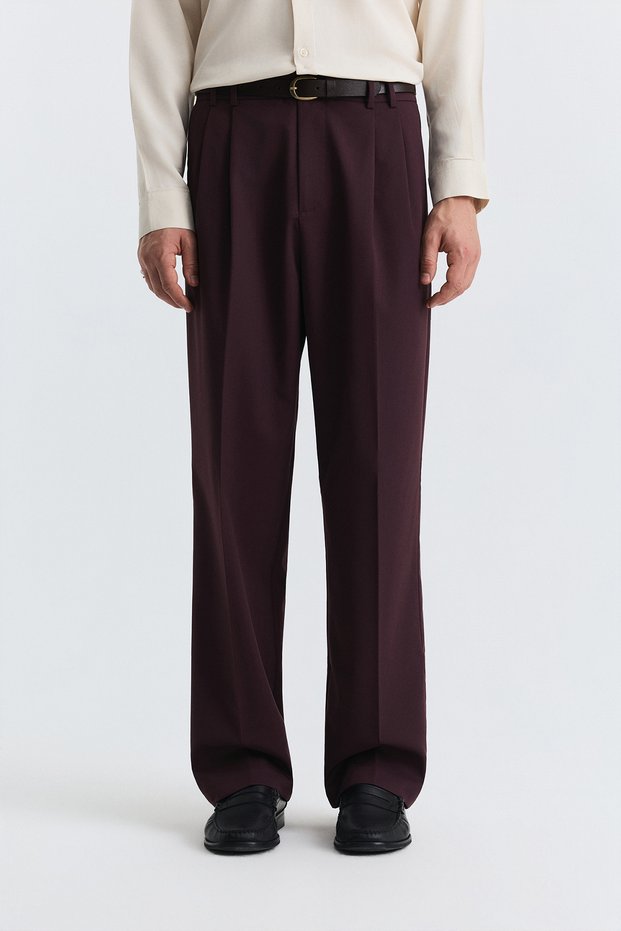 Burgundy Pleated Relax Fit Men's Trousers