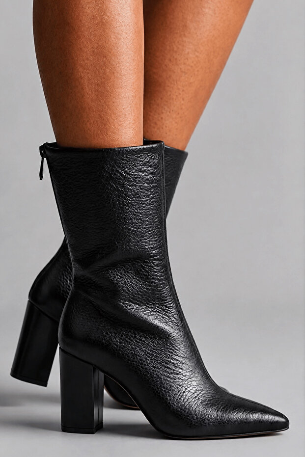 Fest Women's Black Special Textured Wrinkled Leather Pointed Toe Thick Heeled Stylish Boots with Back Zipper