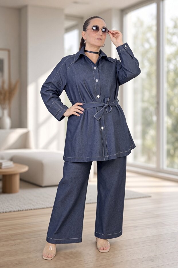 Button-Front Reglan Sleeves, Bell Cut Jacket, Elastic Waist Pants, Large Size Jeans Suit
