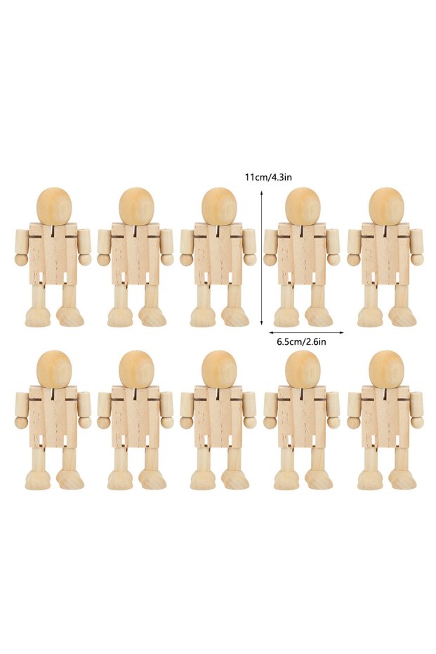 10Pcs 10Pcs Unfinished Wooden Robot Wood People Shapes Jointed Figures for DIY Painting Arts Crafts