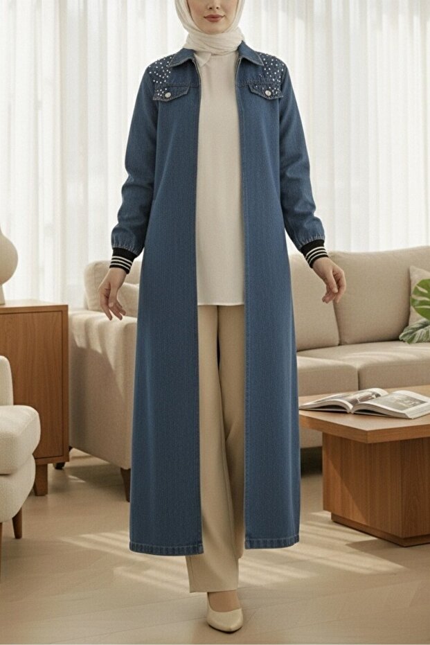 Long Denim Jacket with Pearl Shoulders and Ribbed Zipper Closure