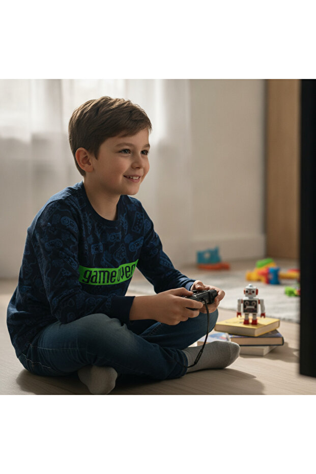 Boy's Printed Navy Blue Color Long Sleeve Tshirt Cb1042