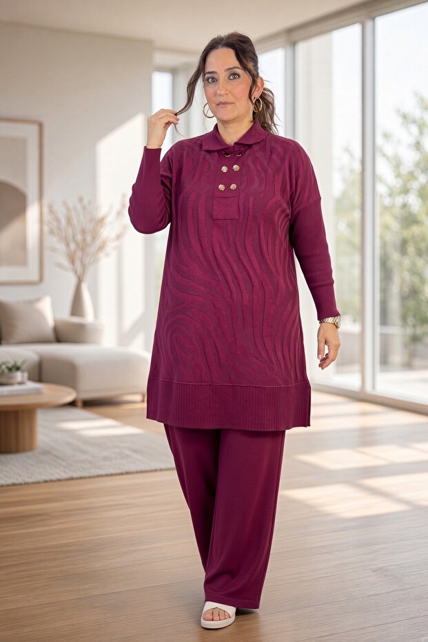 Gold Button Detail Polo Neck Tunic Elastic Waist Pants Plus Size Mercherized Suit