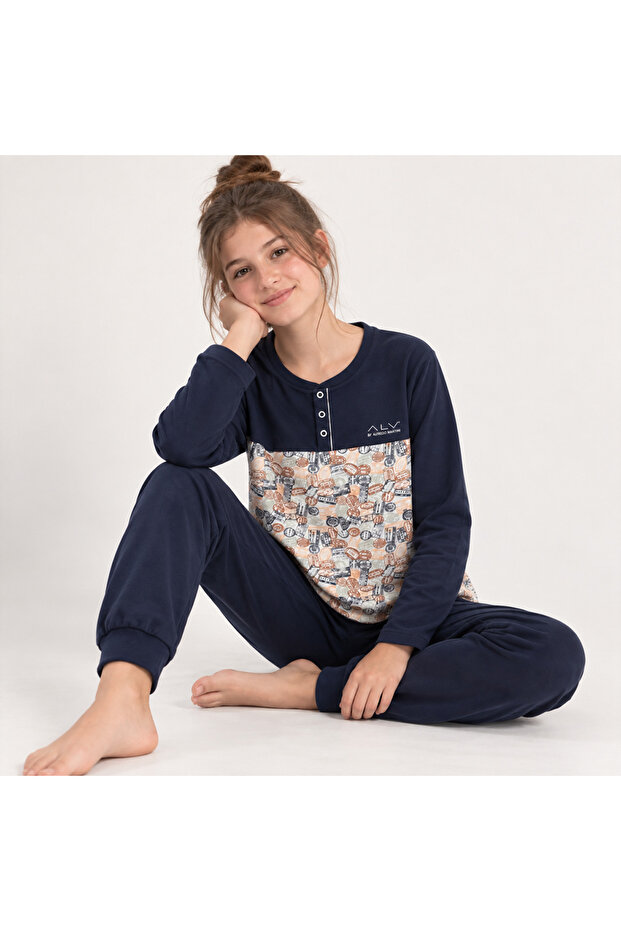 Young Girl Cotton Collar Buttoned Pocketed Gift Navy Blue Color Bottom Top Pajama Set Al501 V2 Bb2443