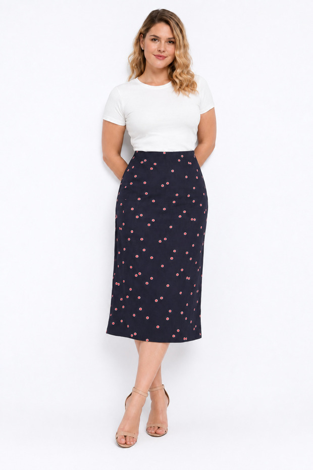 Women's Large Size Navy Blue Elastic Waist Patterned Skirt 65n32321