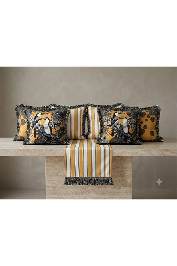 7 Piece Tropical Breeze: Set of 6 Anthracite Grey Tufted Throw Pillow Covers and Runner - Mustard Yellow &
