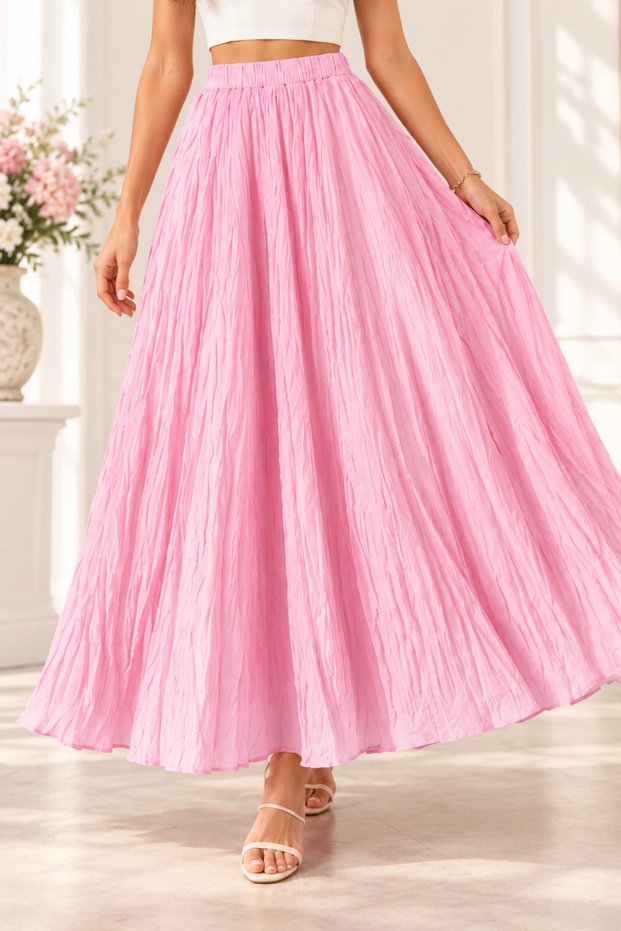 Women's Pink Gathered Crinkle Linen Textured Bohemian Pinterest Long Skirt