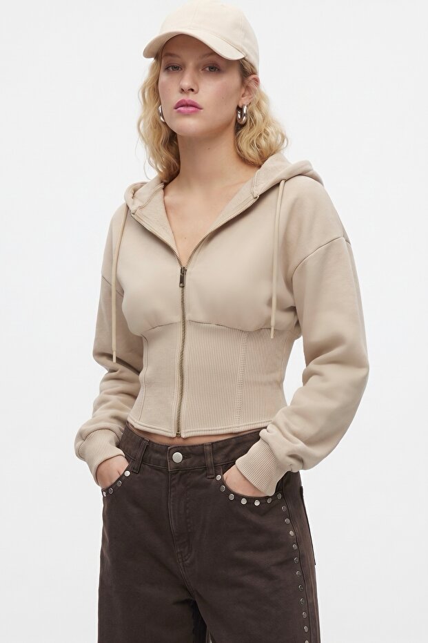 Women's Crew Corseted Slim Fit Beige Hooded Sweatshirt