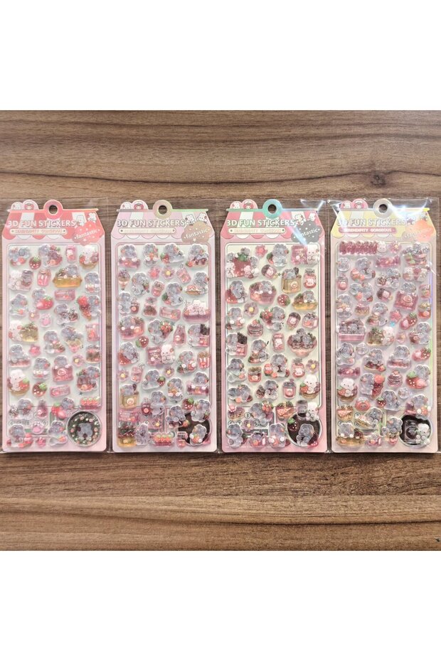 4Sheets 4 Pcs Sweet Pink 3D Bear Strawberry Stickers - Adorable Decor for Notebooks, Scrapbooks & DI
