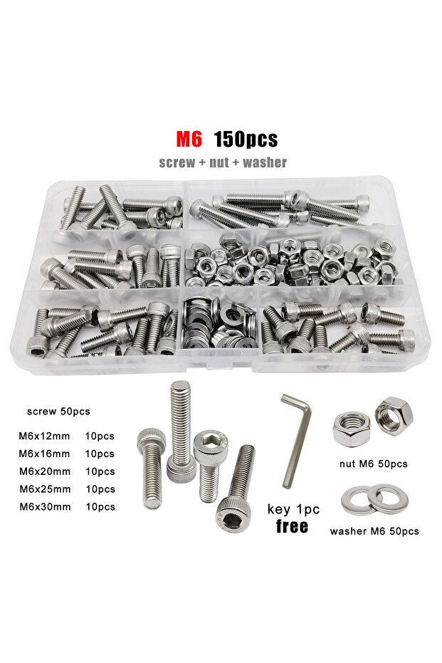 M6 150pcs 1 Box M1.6 M2 M2.5 M3 M4 M5 M6 M8 DIN912 304 A2 Stainless Steel Hex Hexagon Socket Allen C