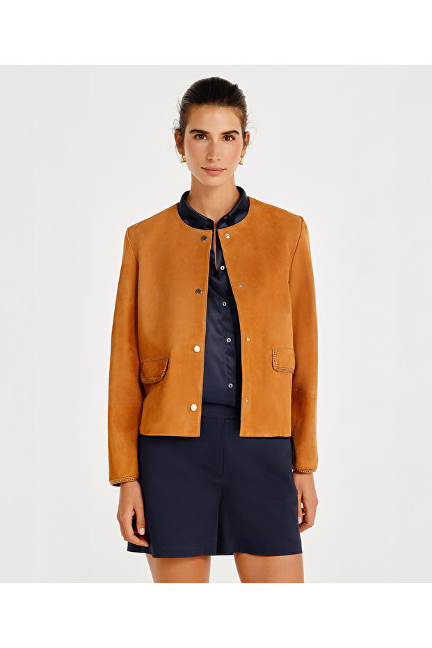 Collarless Suede Jacket with Pocket Detail