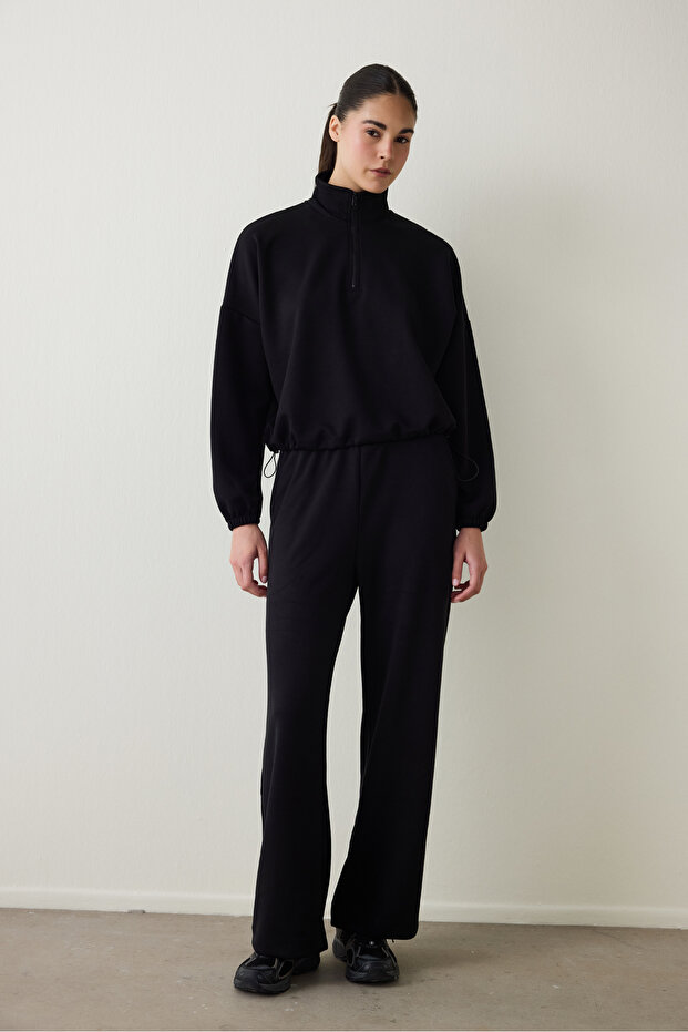 Black Silky Feel High Neck Crop Sweatshirt