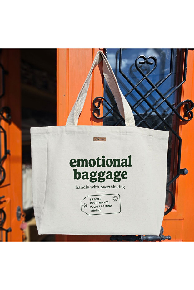 Emotional Baggage Carry It with Overthinking in Mind Please Be Kind Printed Natural Canvas Tote - Large
