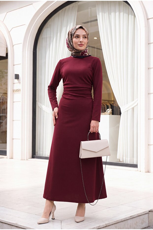 Waist-Cinched Knitted Crepe Lycra Dress - Burgundy