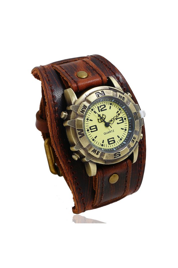 Coffee Fashion Casual Women Watch High-end Vintage Cowhide Strap Antique Bronze Color Dress Quartz W