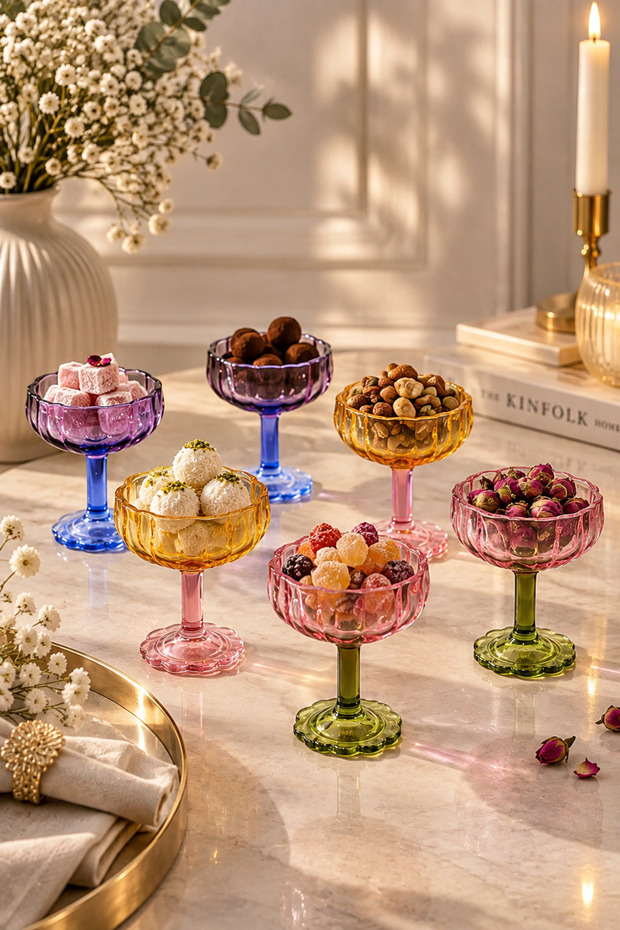 6-Piece Glass Footed Colorful Coffee Side Bowl with Turkish Delight Container, Breakfast Bowl, Serving Bowl, Jam Bowl 50ml