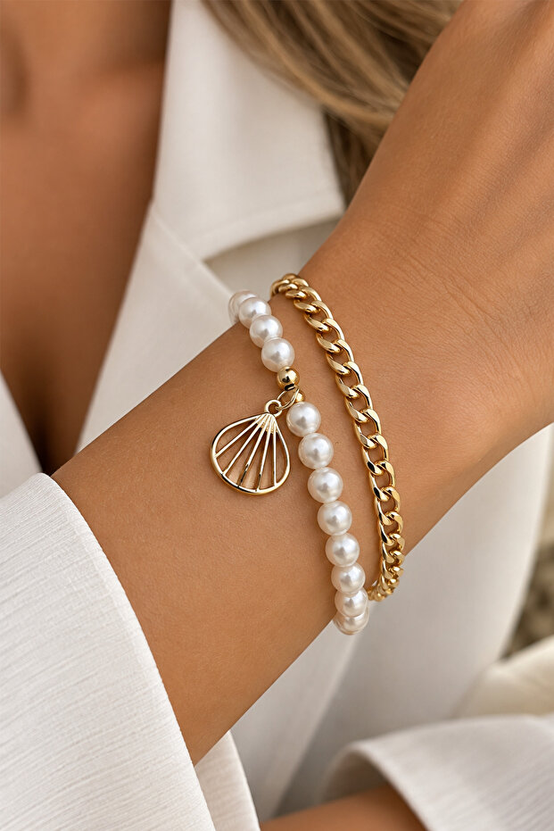 Pearl Rowed Shell Detail Double Bracelet (18+5cm)