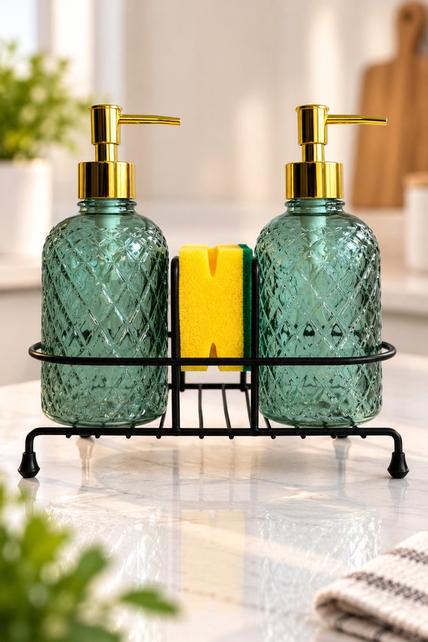 Set of 2 | | Alaçati New Green with Stand | | Luxury Glass Soap Dispenser with Metal Stand, Detergent Dispenser, Hand and Dishwashing Set, Kitchen Countertop and Sink Organizer, Glass Liquid Soap Dispenser, Sponge Holder, Glass Bottle