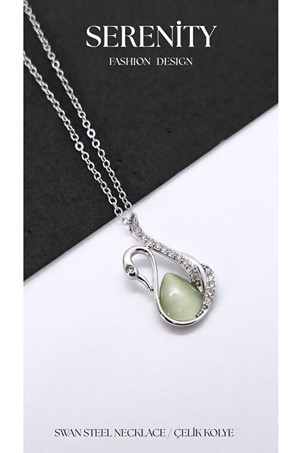 Green Opal Stone Swan Figured Steel Necklace