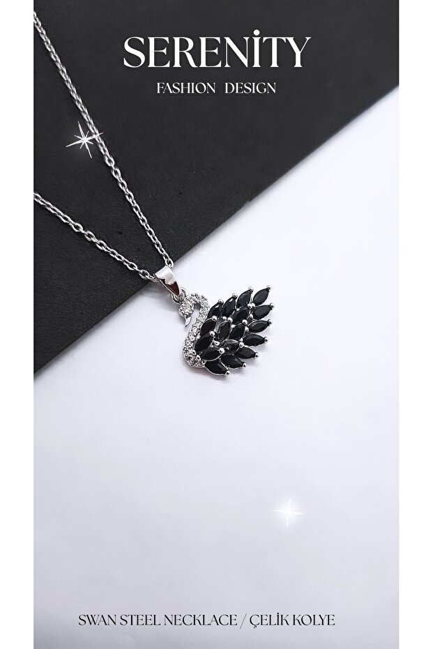 Black Zircon Stone Swan Figure Steel Necklace