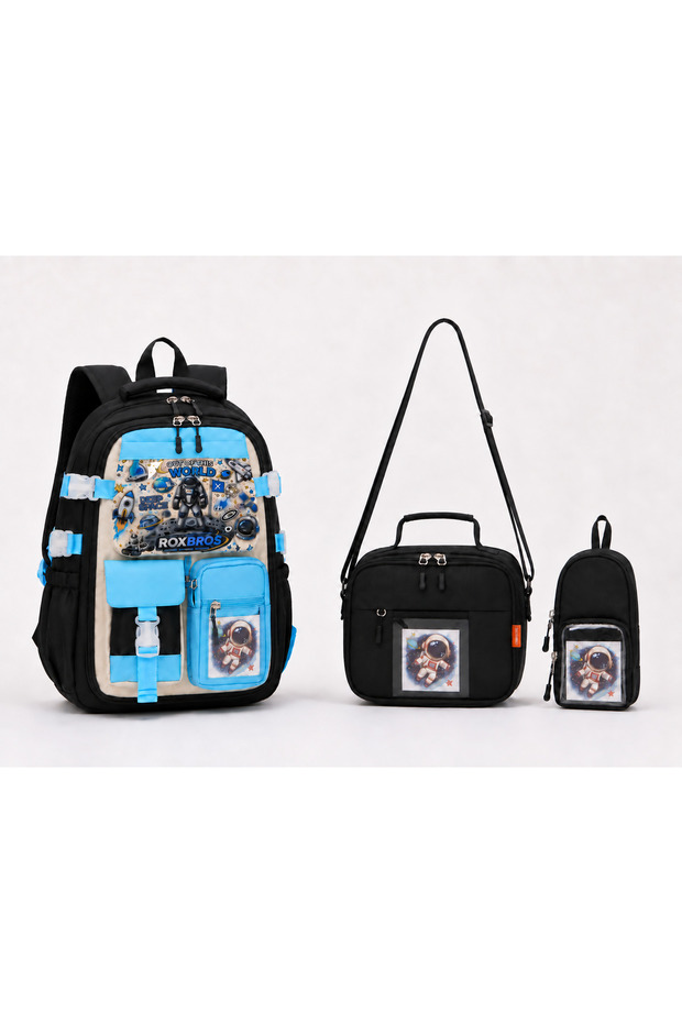 Korean Style Astronaut Patterned Primary School Backpack Thermal Lunch Pencil Case Set of 3