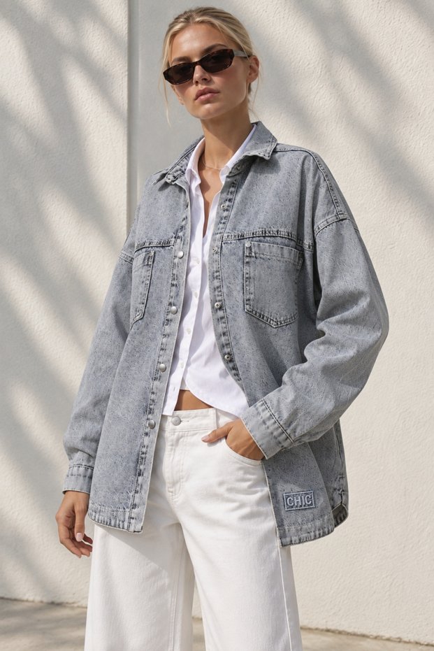 Women's Blue Denim Chic Embroidered Pocket Herringbone Gabardine Shirt Jacket Ckt-19000507
