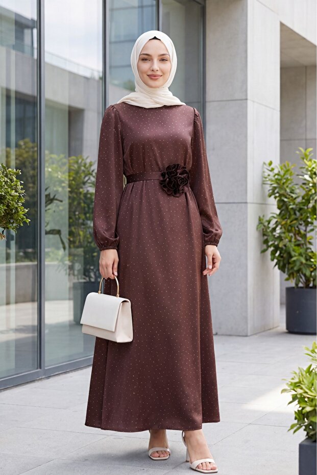 Balloon Sleeve Belted Stone Satin Dress - Brown