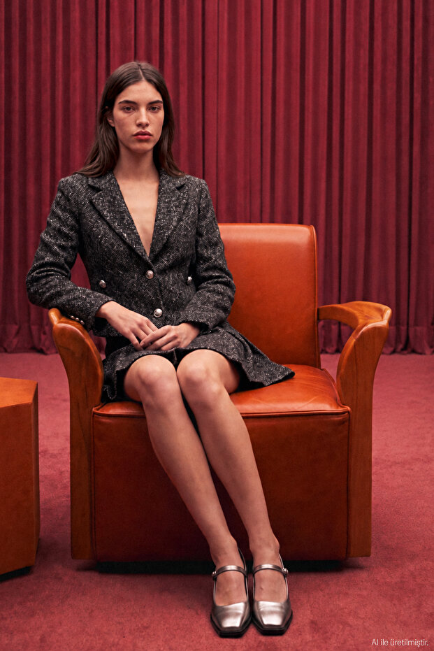 Double-Breasted Buttoned Tweed Short Jacket Anthracite