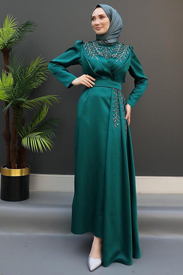 Cloak Jewelled Satin Evening Dress Emerald