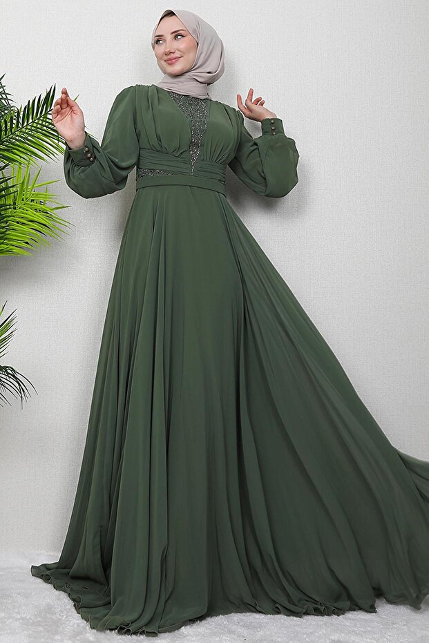 Light Khaki Wormwood Chiffon Stone Evening Dress