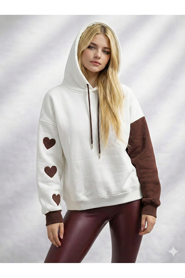 Women's Hooded Three Thread Sh Fleece-Lined Double Color Sleeve Detailed Heart B Printed Soft Textured Cotton Inside Long