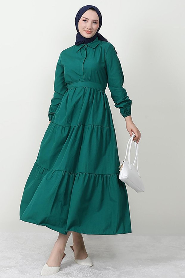 Standard Collar Buttoned Dress Emerald