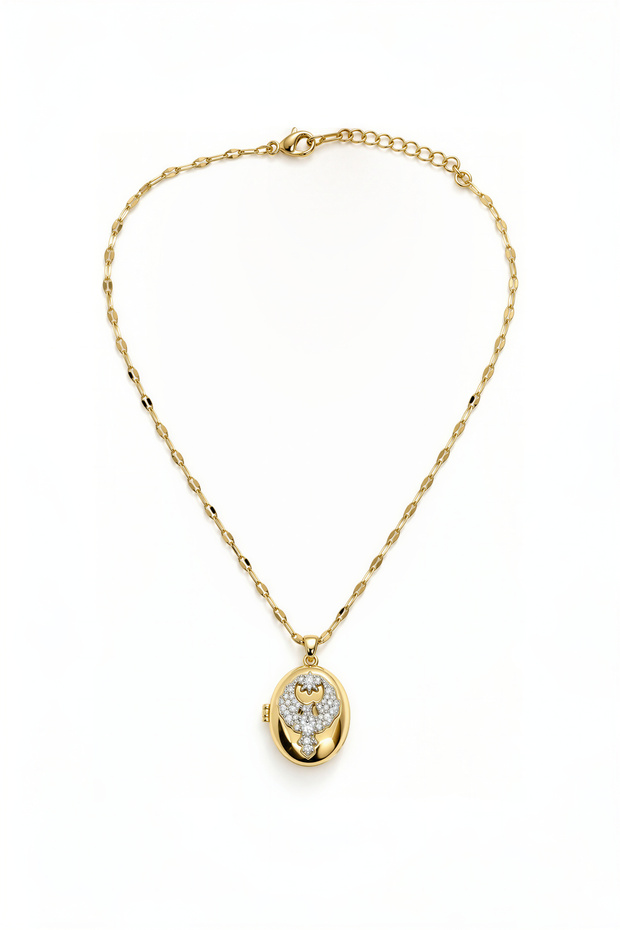Openable Medallion Necklace with Zircon Stone and Phoenix Figure - Can Be Attached with Photo Gold 46 cm