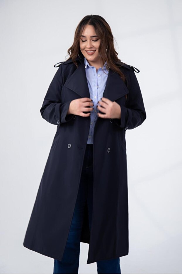 Women's Plus Size Collar Buckle Trench Coat Navy Blue