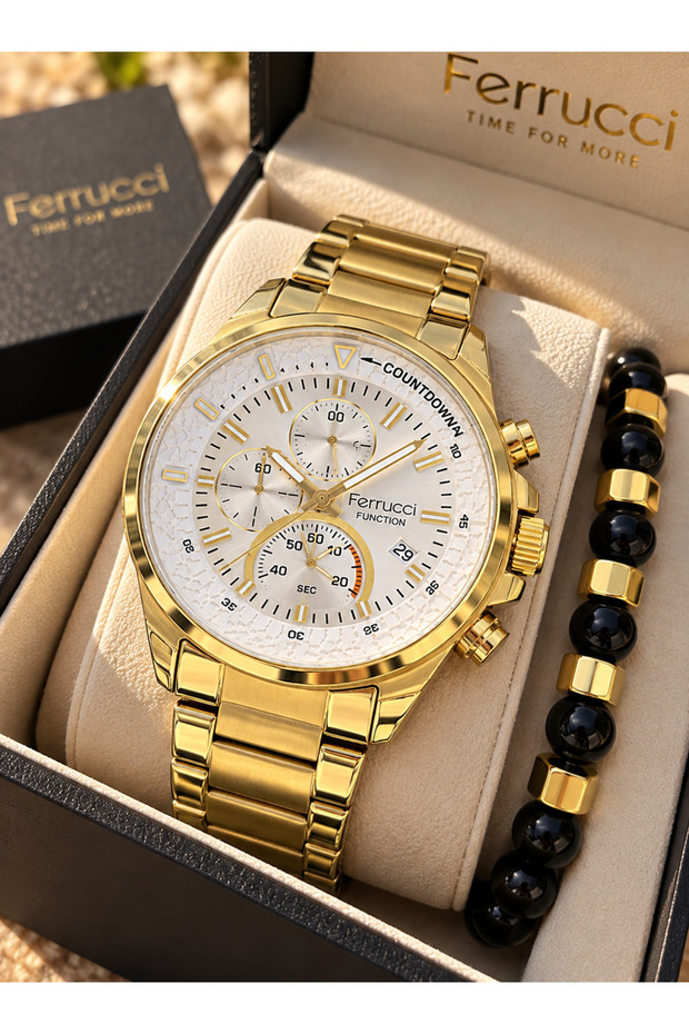 Functions Active White Dial, Yellow Steel Band,Guaranteed, Men's Wristwatch Bracelet with Calendar