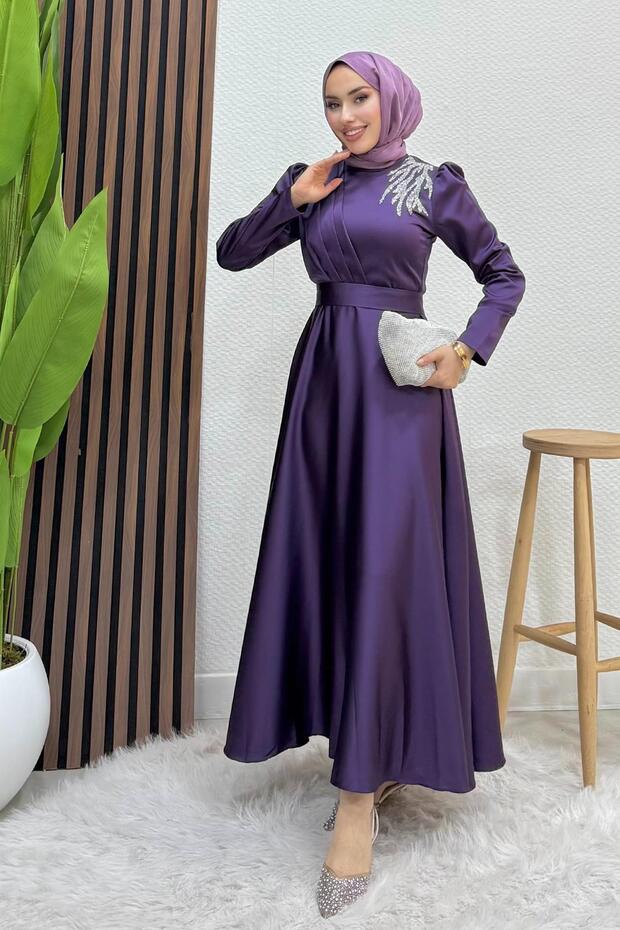 Omzu Stone Satin Evening Dress Purple