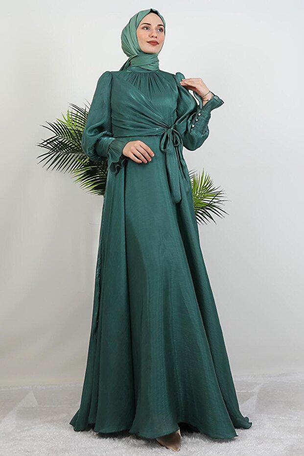 Bow Detail Silk Evening Dress Dark Mint