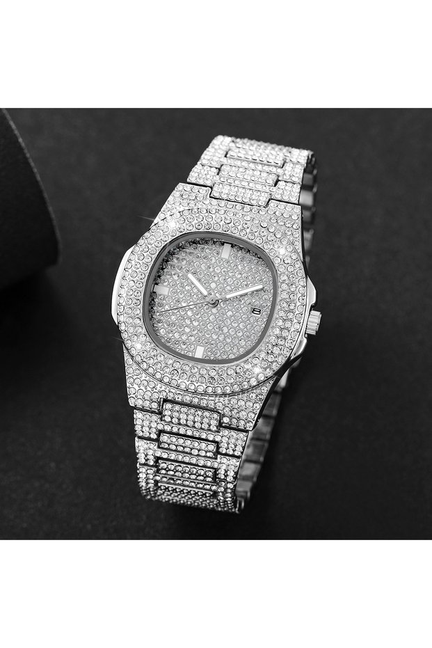 Silver Luxury Full Diamond Men's Stainless Steel Watches Male Sports Quartz Wristwatch with Calendar