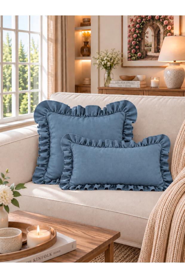 İnci Vintage Ruffled Indigo Blue Throw Pillow Cover 1 Pc