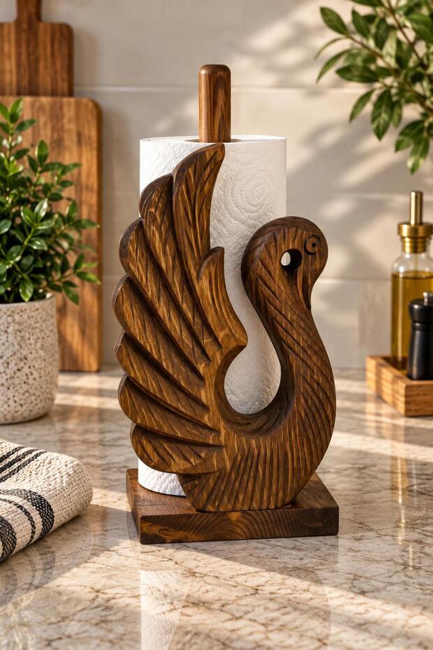 Wood Carved Napkin Holder Paper Roll Towel Holder (Swan Patterned)