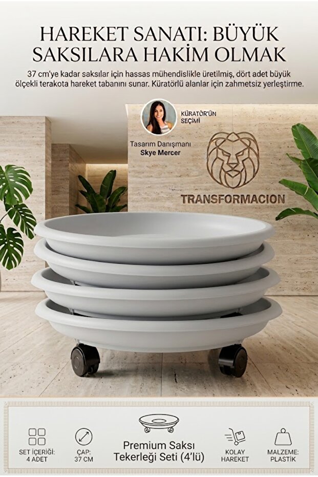 Wheeled Flower Pot Saucer Set of 4 37 cm Heavy Duty Load-Bearing Bottle Base Flower Pot Bottom Wheel Tray White 721054