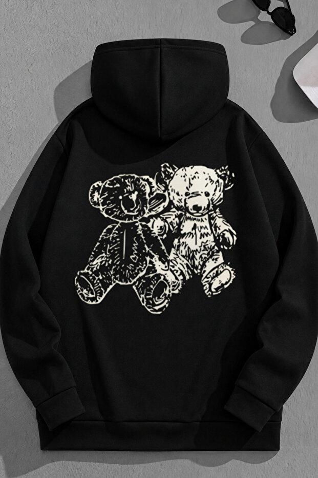 Unisex 3 Thread Cotton Black Doublebears Print Loose Fit Sweatshirt Hoodie